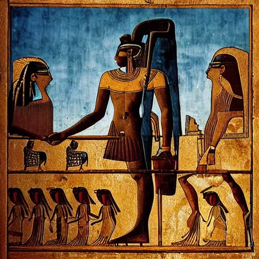 Image similar to ancient egyptian papyrus by guido borelli da caluso robust. a beautiful experimental art of a small figure standing in the center of a dark, foreboding landscape. the figure is surrounded by strange, monstrous creatures, & there is a feeling of unease & dread.