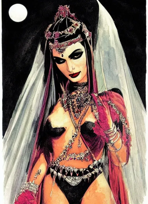 Image similar to female indian vampiress, jeweled veil, heavy mascara, strong line, saturated color, beautiful! coherent! by frank frazetta, high contrast, minimalism