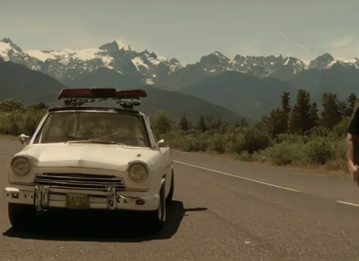 Image similar to a very high resolution image from a new movie, eminem driving a car. mountains, directed by wes anderson