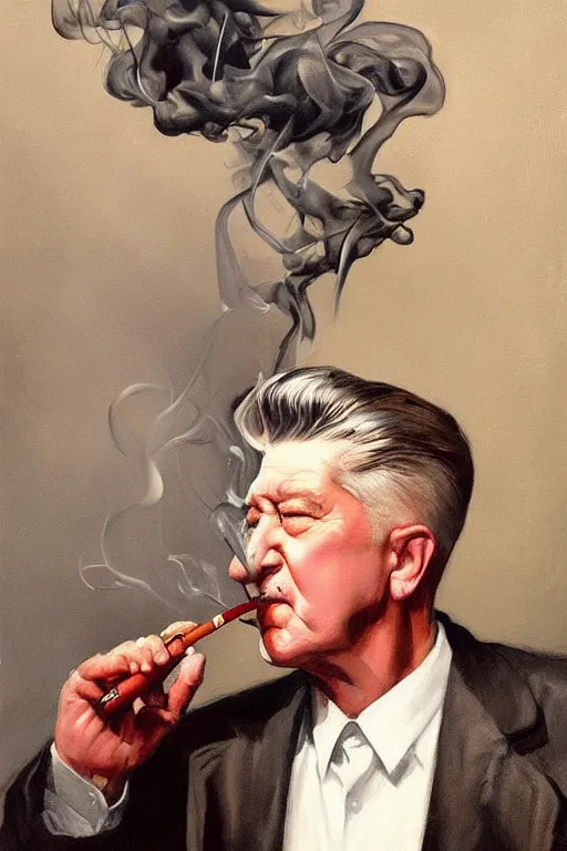 Prompt: david lynch smoking cigarette, billowing smoke, painting by jc leyendecker!! phil hale!, lynchian!!!! ominious, dark lighting, angular, brush strokes, painterly, vintage, crisp