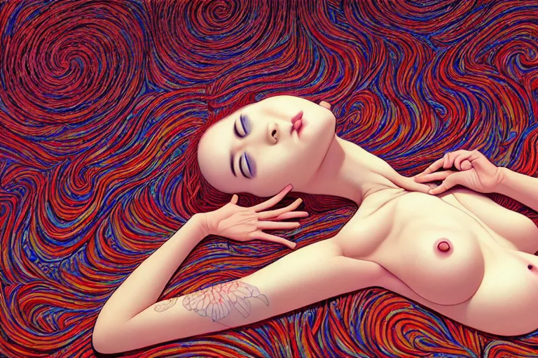 Prompt: realistic detailed image of a woman laying in a padded room, conjuring psychedelic background, part by takato yamamoto, part by alex gray, ross tran, james jean, ultra realistic, octane render, highly detailed, 8 k, trending on artstation, cosmic, symmetry, masterpiece