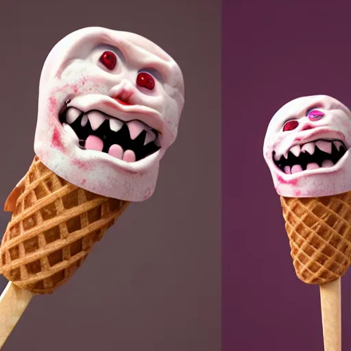 Prompt: ice cream popsicle shaped like screaming chucky doll, octane render, ultrarealistic, centered, volumetric lighting