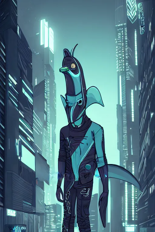 Prompt: beautiful portrait commission of a male anthro dolphin-headed character with a fin wearing cyberpunk clothes. Cyberpunk city at night