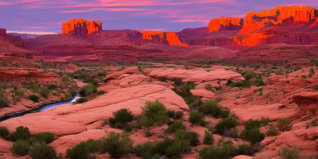 Image similar to “a river bend running through a canyon surrounded by desert mountains at sunset, moab, utah, a tilt shift photo by Frederic Church, trending on unsplash, hudson river school, photo taken with provia, national geographic photo”