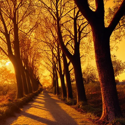 Prompt: tree-lined path at sunset, by Aenami Alena, Afshar Petros