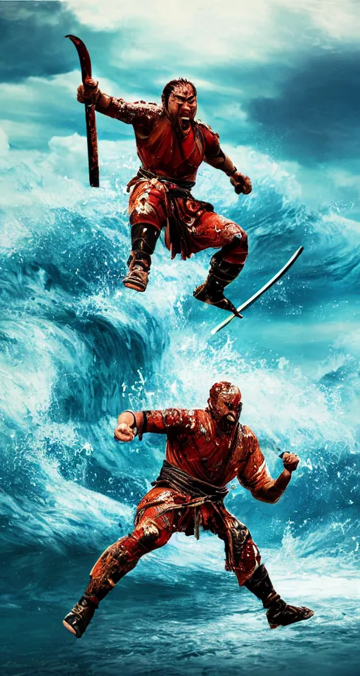 Image similar to man, warrior with katana of water wave, full body, water fists of fury, crazy hate face, jumping leaping heroic attack, action scene, kimi no yiba, ultra detailed, 4 k