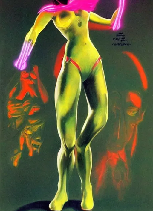 Prompt: female android, neon hair, glowing skin, prosthetic arm, strong line, bright vibrant color, beautiful! coherent! by frank frazetta, high contrast, minimalism