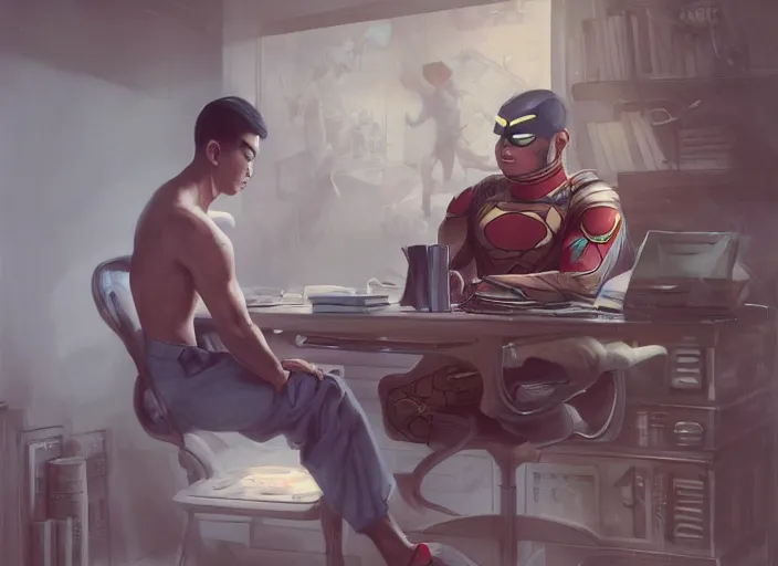 Image similar to an insanely detailed and realistic painting of an asian man wearing a homemade superhero costume, sitting at a desk, staring seriously at the computer and typing, in the style of peter mohrbacher, james jean, artgerm, dramatic lighting and composition, surreal background, octane render, pixar, trending on artstation, concept art, comic book, 8 k