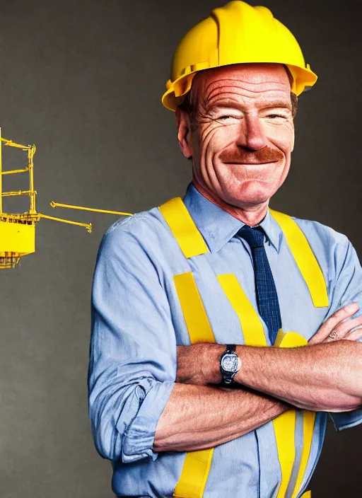 Prompt: closeup portrait of cheerful bryan cranston with a long crane neck, construction, yellow hardhat, sitting in a crane, natural light, bloom, detailed face, magazine, press, photo, steve mccurry, david lazar, canon, nikon, focus