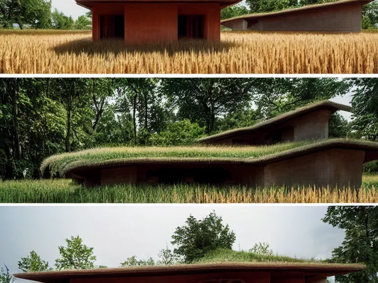 Prompt: hyperrealism design by frank lloyd wright and kenzo tange photography of beautiful detailed small house with many details in small detailed ukrainian village designed by taras shevchenko and wes anderson and caravaggio, wheat field behind the house, around the forest volumetric natural light