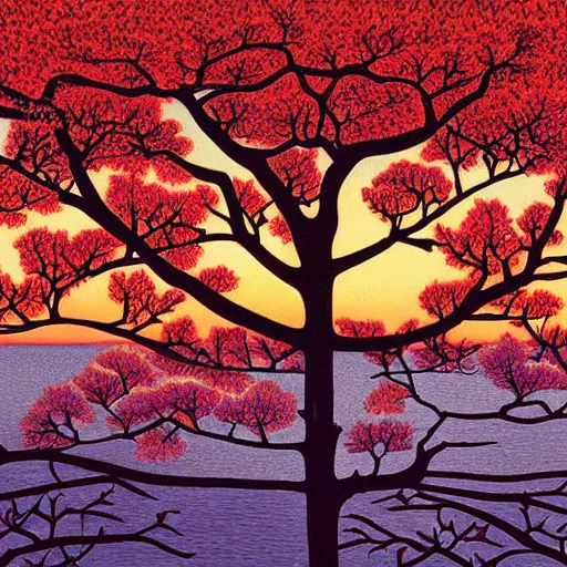 Image similar to birds on cherry tree, Changelingcore, serene, graceful, sunset photo at golden hour, Kodachrome, digital painting by M. C. Escher