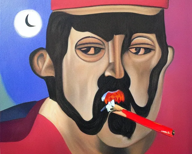 Image similar to a surreal painting of a young man with a fu manchu mustache smoking a joint