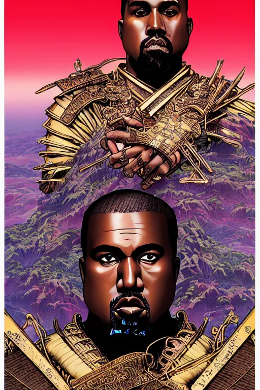 Image similar to poster of kanye west as a samurai, by yoichi hatakenaka, masamune shirow, josan gonzales and dan mumford, ayami kojima, takato yamamoto, barclay shaw, karol bak, yukito kishiro, highly detailed