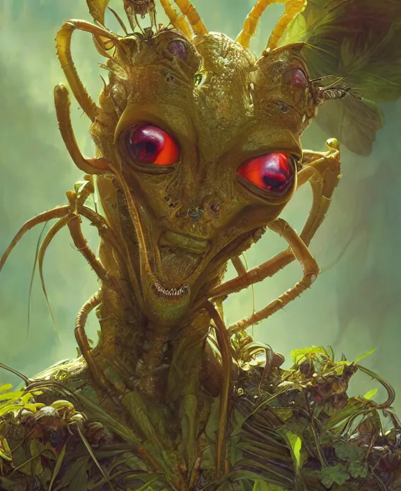 Image similar to portrait of an alien insect creature, adorable, childlike, overgrown environment, ultra realistic, concept art, psychedelic, photorealistic, octane render, 8 k, unreal engine. art by christopher marley and artgerm and greg rutkowski and alphonse mucha