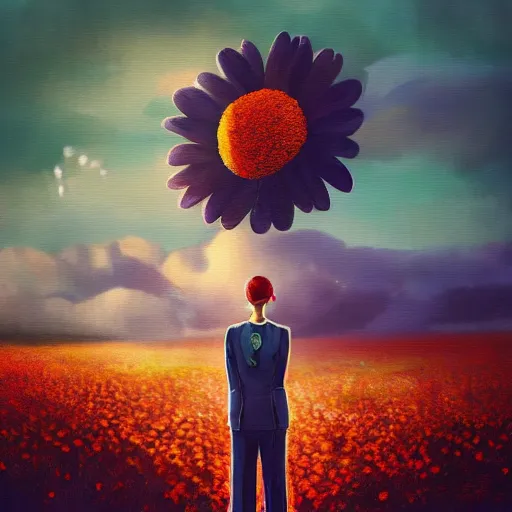 Image similar to giant daisy flower head, frontal, girl in a suit, surreal photography, sunrise, dramatic light, impressionist painting, digital painting, artstation, simon stalenhag