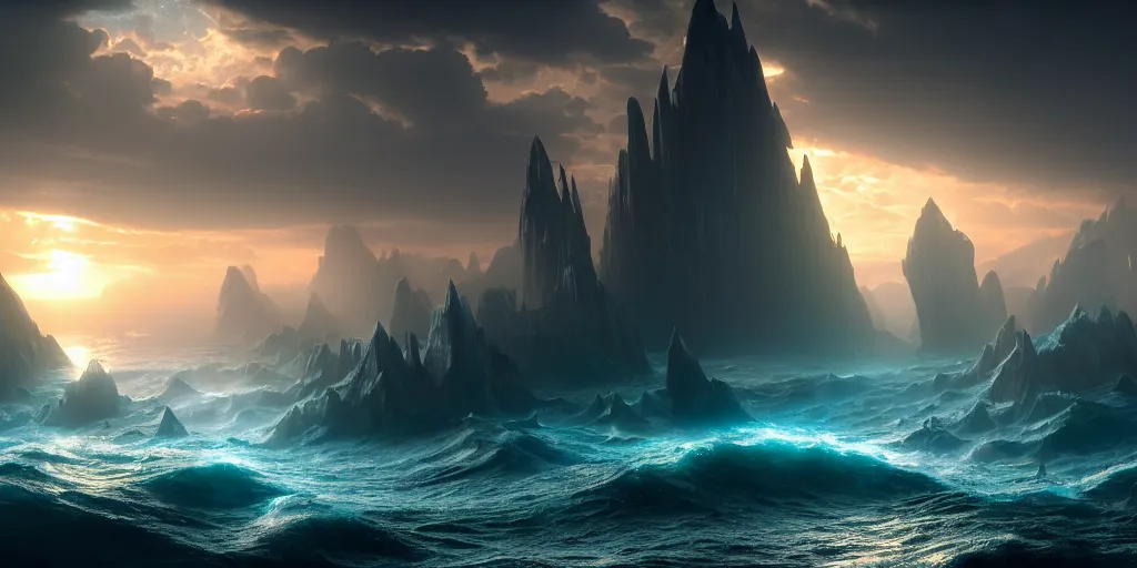 Image similar to atlantis sinking into the deep sea, mysterious ， stream, sunrise, wallpaper ， god's rays highly detailed, vivid color, cinematic lighting, perfect composition, 8 k, gustave dore, derek zabrocki, greg rutkowski, belsinski, octane render