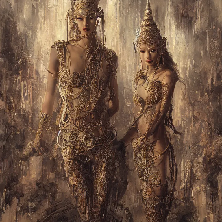 Image similar to intricate drawing of a female deity, cambodian fashion, cyberpunk ornaments, thin strands, porcelain skin, greg rutkowski, james gurney, john berkey, hyperrealistic, backlit