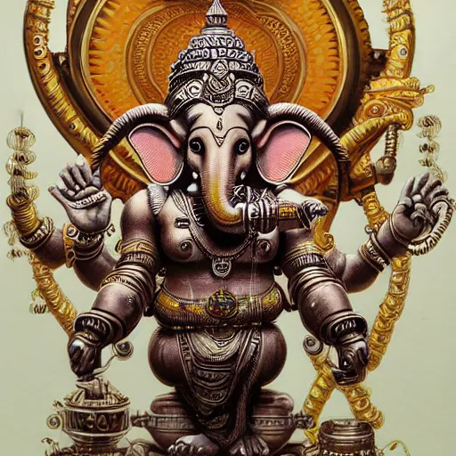 Image similar to biomechanical robot Ganesha , hyper-realistic futuristic portrait, intricate details, hyperdetailed fantasy character, supersharp, hypermaximalist, dramatic lighting, hajime sorayama, brom, Indian god, Ganesha, ganapati, vinayak, futuristic portrait of photorealistic Cyborg Ganesha