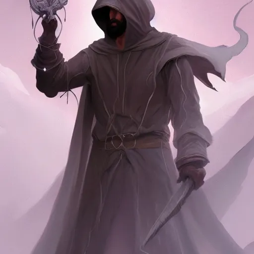Prompt: A hooded young bearded male mage summoning a daemon matte painting Moebius concept art ArtStation trending lighting award winning photography