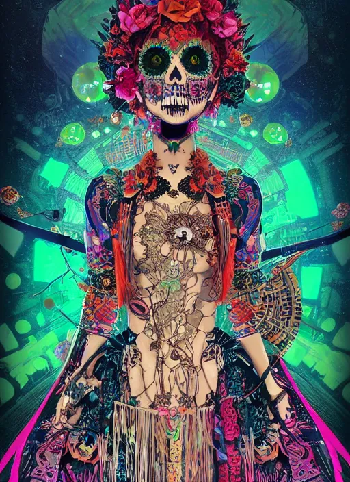 Prompt: cute punk goth fashion hippy fractal Día de los Muertos alien girl wearing kimono made of circuits and leds by Zhang Jingna, poster art by Dan Mumford Kilian Eng Hannah Jeffrey Smith Rick Griffin Alphonse Mucha