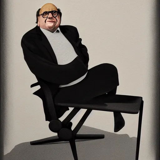 Prompt: danny devito gifting you a modern 6 0 s style designed chair, eggshell color, renaissance still life painting, masterpiece, realistic light and shadow, trending on artstation, highly detailed, photorealism