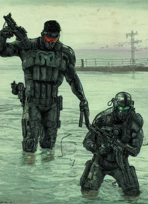 Image similar to the punisher. USN blackops operator emerging from water at the shoreline. Operator wearing Futuristic cyberpunk tactical wetsuit and looking at an abandoned shipyard. Frogtrooper. rb6s, MGS, and splinter cell Concept art by James Gurney, Alphonso Mucha. Vivid color scheme.