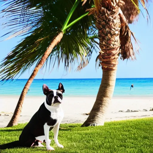 Prompt: Boston Terrier sitting on a beach on a sunny day, sky is blue, palm trees are on the beach