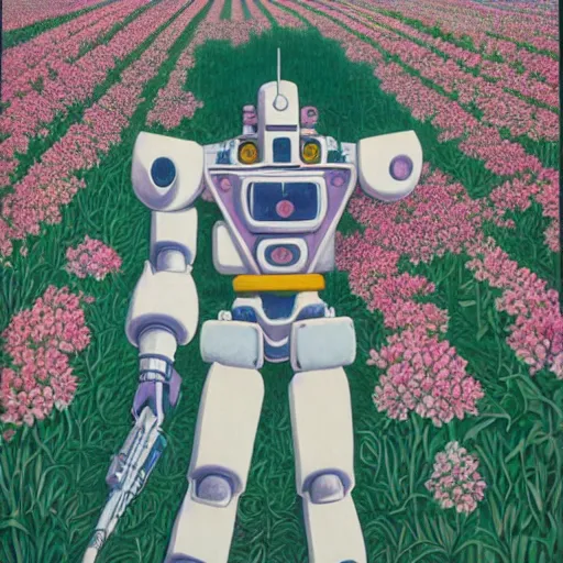 Prompt: a beautiful painting of a large humanoid mecha shrouded by mystic nebula magic in a field of flowers by hiroshi nagai and hirohiko araki, detailed line art