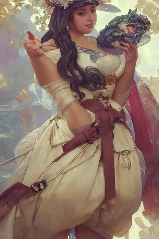 Image similar to obese cottagecore Ariana Grande , food addiction and fat rolls, inside a mc donalds, intricate, elegant, highly detailed, digital painting, artstation, concept art, smooth, sharp, focus, illustration, art by artgerm and greg rutkowski and alphonse mucha