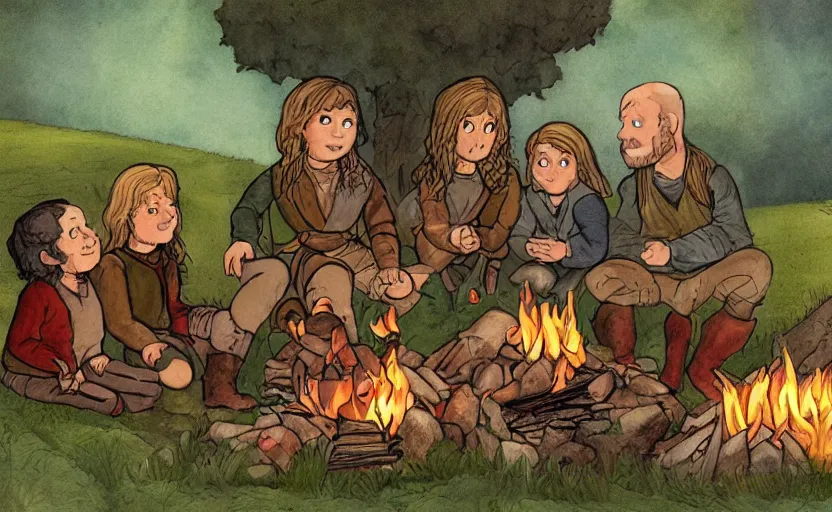 Image similar to childrens book illustration of the fellowship of the ring making s'mores around a campfire