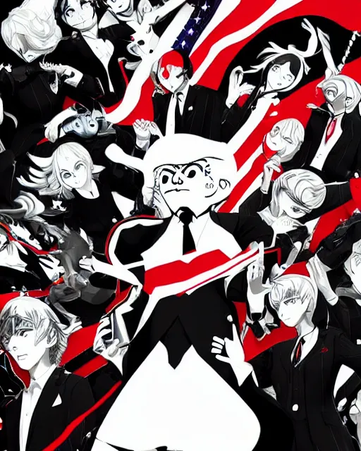 Image similar to Donald Trump, in the style of Persona 5, Persona 5, Persona 5 artwork