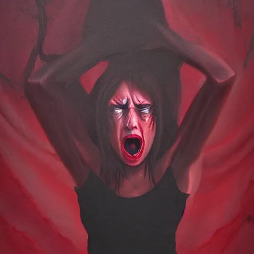 Prompt: extrem mad girl with extrem anger screams into the void to release her anger, high detail painting in dark red colors by Mamoru Kanbe