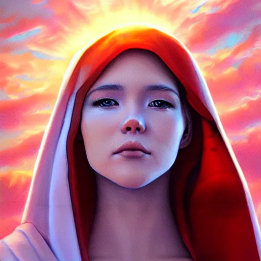 Image similar to a realistic digital photo of virgin mary as sunset cloud by artgerm