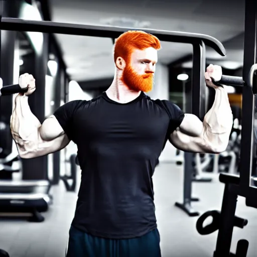 Prompt: 8 k insanely detailed high quality selfie photo of a ginger handsome gym bro doing bicep curls at the gym, beautiful sexy handsome symmetrical face