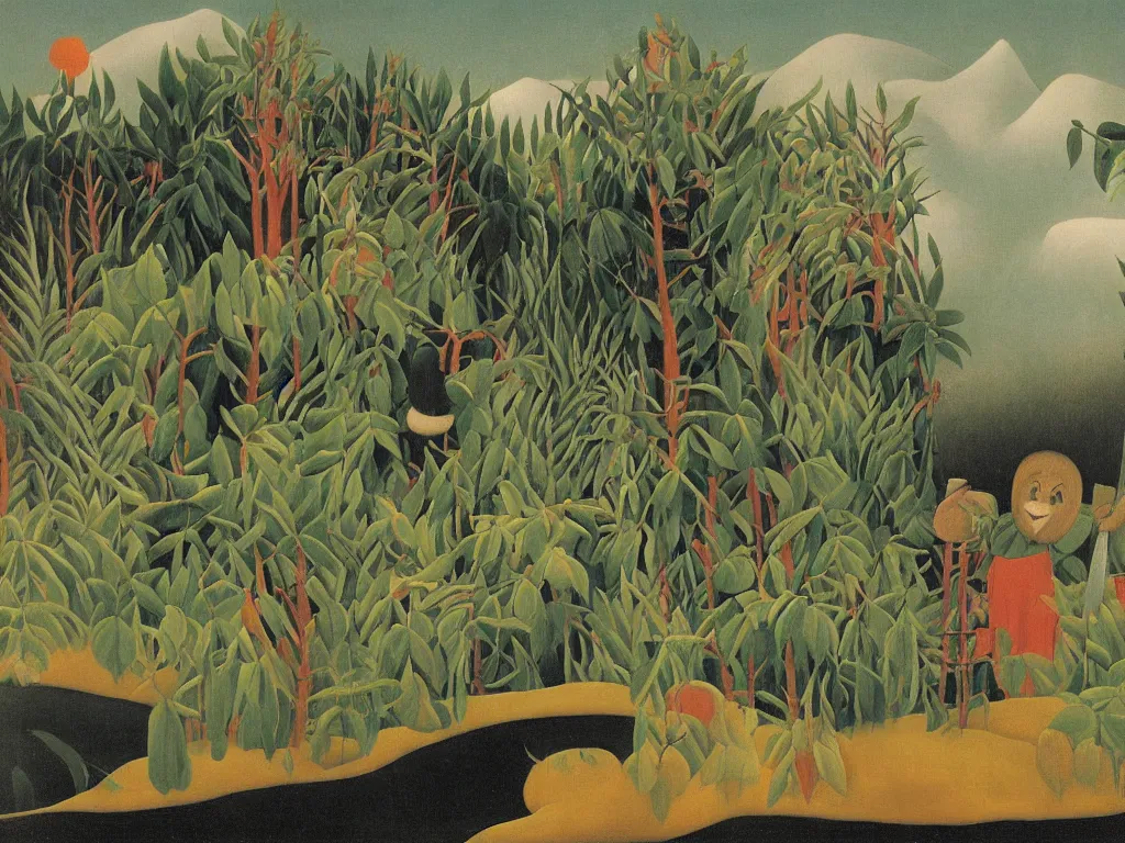 Prompt: Painting by Henri Rousseau depicting people wearing wild, tribal masks in an Icelandic sublime landscape.