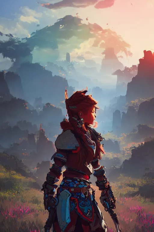 Image similar to combination suit armor aloy horizon forbidden west horizon zero dawn radiating a glowing aura global illumination ray tracing hdr fanart arstation by ian pesty and alena aenami artworks in 4 k tribal robot ninja mask helmet backpack