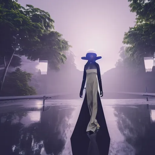 Image similar to Fashion Catwalk!! on a platform in an Angelic Floating City in the Clouds, Fashion Photography, Hyperrealistic, Intricate Details, Raytracing, Volumetric Lighting, Lightshafts, Smooth Gradients, Unreal Engine 5, Photorealism, Concept Art