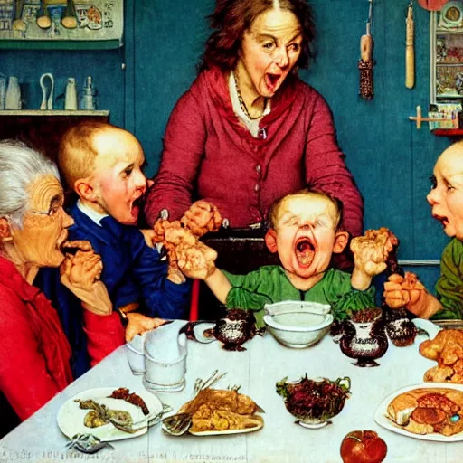 Prompt: hyper realistic hight detailed grandmother with a big mouth eating babies and william blake on the table in the russian kitchen, by norman rockwell, bright colors, 4 k, 1 6 k, 3 2 k, photorealistic, cartoon style