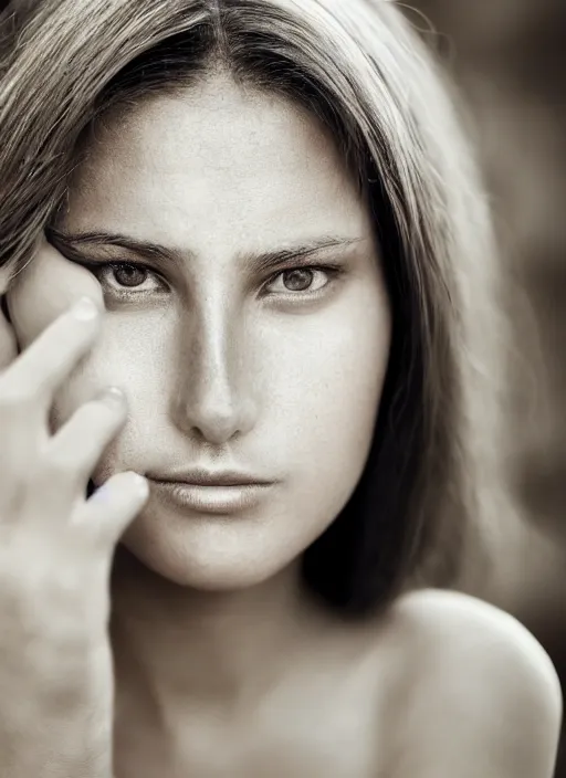 Image similar to portrait of a very beautiful!!!! woman! symmetric face, petzval lens art photography. sharp eyes