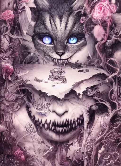 Image similar to Alice attends Mad Tea Party, Cheshire Cat, Mad hatter,highly detailed,half skull face,cinematic,8k,by Stanley Artgermm,Tom Bagshaw,Greg Rutkowski,Carne Griffiths, Ayami Kojima, Beksinski, Giger,trending on DeviantArt,hyper detailed,horror, full of colour