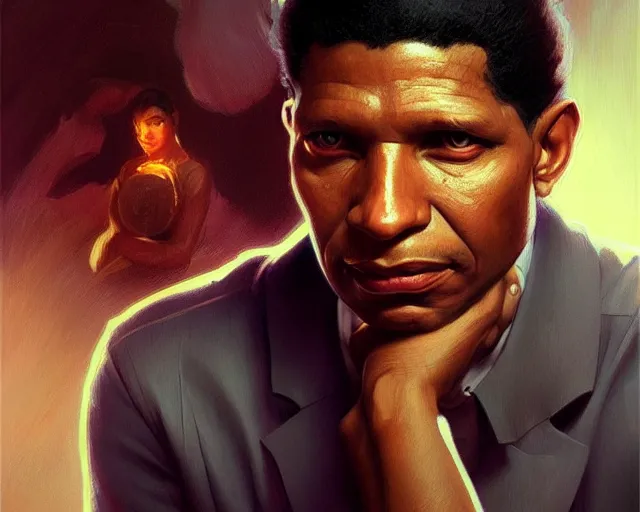 Image similar to mindblowing portrait of medgar evers, deep focus, beautiful, highly detailed, digital painting, artstation, concept art, matte, sharp, illustration, hearthstone, art by artgerm and greg rutkowski and alphonse mucha