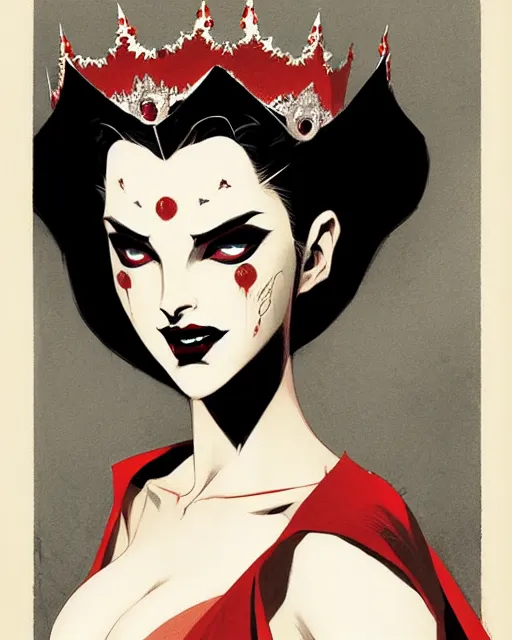 Image similar to beautiful vampire queen with crown, symmetrical face, evil, portrait, cinematic, dramatic, powerful, super detailed and intricate, by koson ohara, by darwyn cooke, by greg rutkowski, by satoshi kon