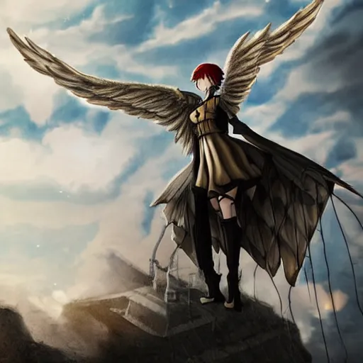 Prompt: steampunk angel, anime, extremely detailed, cinematic lighting, low angle, intense, epic, clouds, sky,