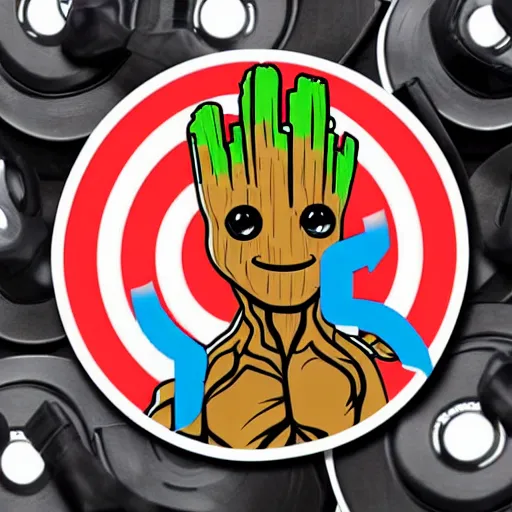 Image similar to svg sticker of a Pop-Wonder Groot-Marvel-Avenger at a rave, spinning records, giant headphones rocking out, wearing headphones, huge speakers, dancing, rave, DJ, spinning records, digital art, amazing composition, rule-of-thirds, award-winning, trending on artstation, featured on deviantart