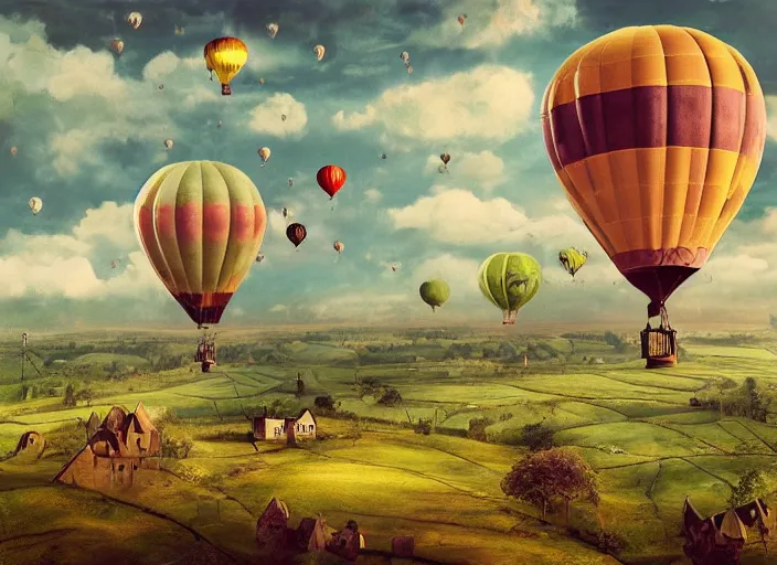 Image similar to single octopus shaped hot air balloon flying over english countryside, lowbrow, matte painting in the style of alexander jansson,
