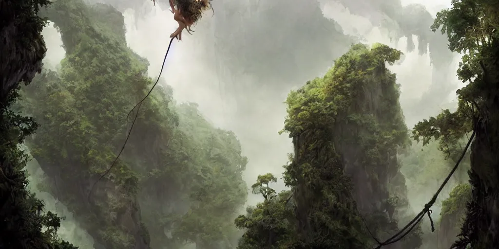 Image similar to an island of jungle cliffs with treehouses atop. tiered catwalks and rope bridges. foggy valley and mountains fading into the distance, at sunset. waterfalls. neverland. peter pan kids wearing war paint and headdresses, standing on the rope bridges. magic the gathering card art by greg rutkowski.