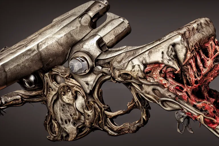 Image similar to a bionical revolver made from the rotten flesh and bones, perfect studio light, hypnotic, mind - bending, incomprehensible, 8 k, 3 0 mm lens, epic studio shot, ultra detailed, object photoshooting, octane render