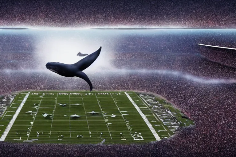 Image similar to ! dream a humpback whale flying in the air over an nfl football stadium ultra detailed realistic photograph cinematic lighting by jessica rossier