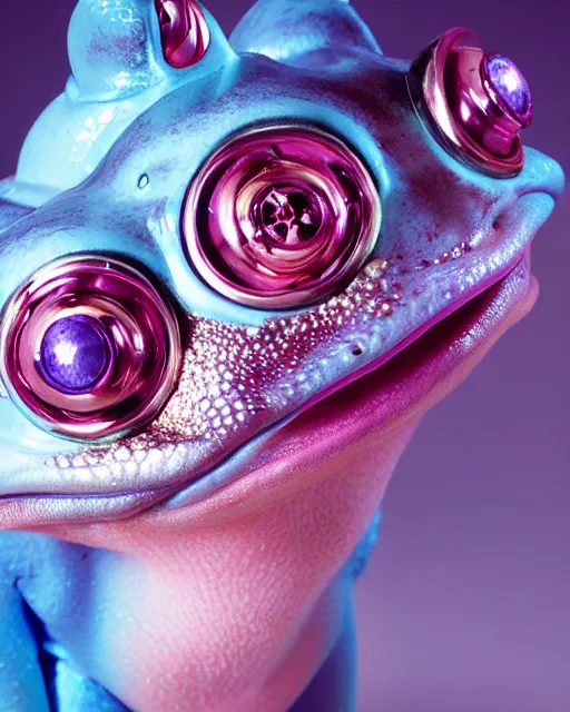 Image similar to natural light, soft focus portrait of a cyberpunk anthropomorphic frog with soft synthetic pink skin, blue bioluminescent plastics, smooth shiny metal, elaborate ornate head piece, piercings, skin textures, by annie leibovitz, paul lehr