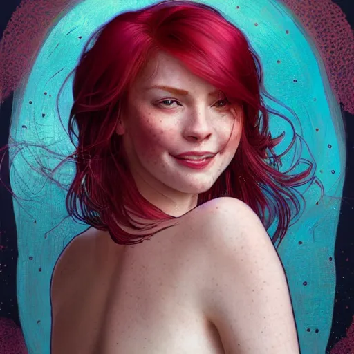 Image similar to close up portrait of a beautiful smiling girl with red hair and freckles, happy intricate, elegant. highly detailed, digital painting, artstation, concept art, smooth, sharp, focus, illustration. background is purple, art by artgerm and greg rutkowski and alphonse mucha,